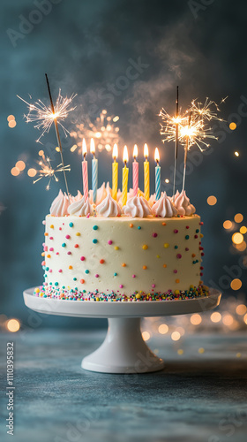 colorful birthday cake with lit candles and sparklers