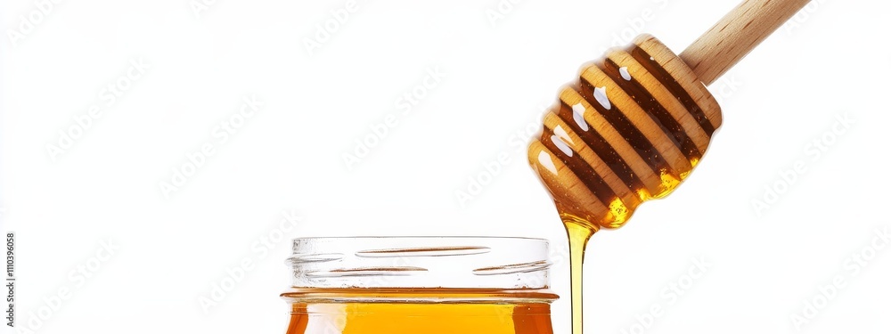 A jar of honey dripping from a wooden dipper, isolated white background, surrealism art style A jar of honey dripping from a wooden dipper, isolated white background, surrealism art style