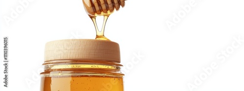 A jar of honey dripping from a wooden dipper, isolated white background, surrealism art style photo