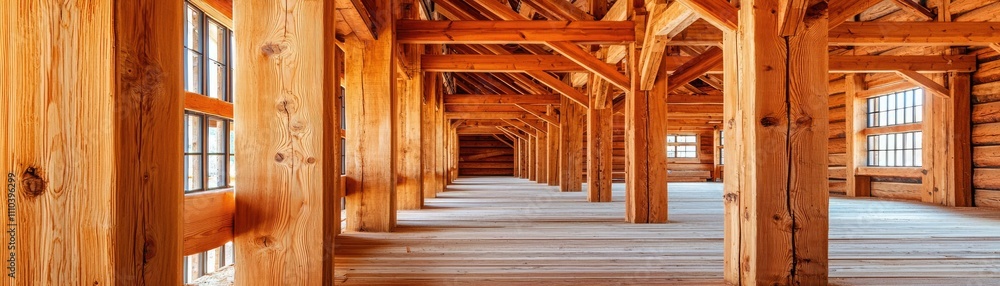 A spacious wooden interior with exposed beams and natural light, showcasing a warm, rustic aesthetic. A spacious wooden interior with exposed beams and natural light, showcasing a warm, rustic aesthetic.