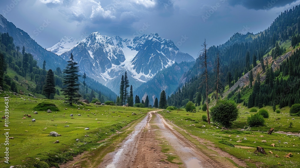 A remote unpaved road leading through untouched paradise in Fairy Meadows, surrounded by pristine green landscapes. A remote unpaved road leading through untouched paradise in Fairy Meadows, surrounded by pristine green landscapes.