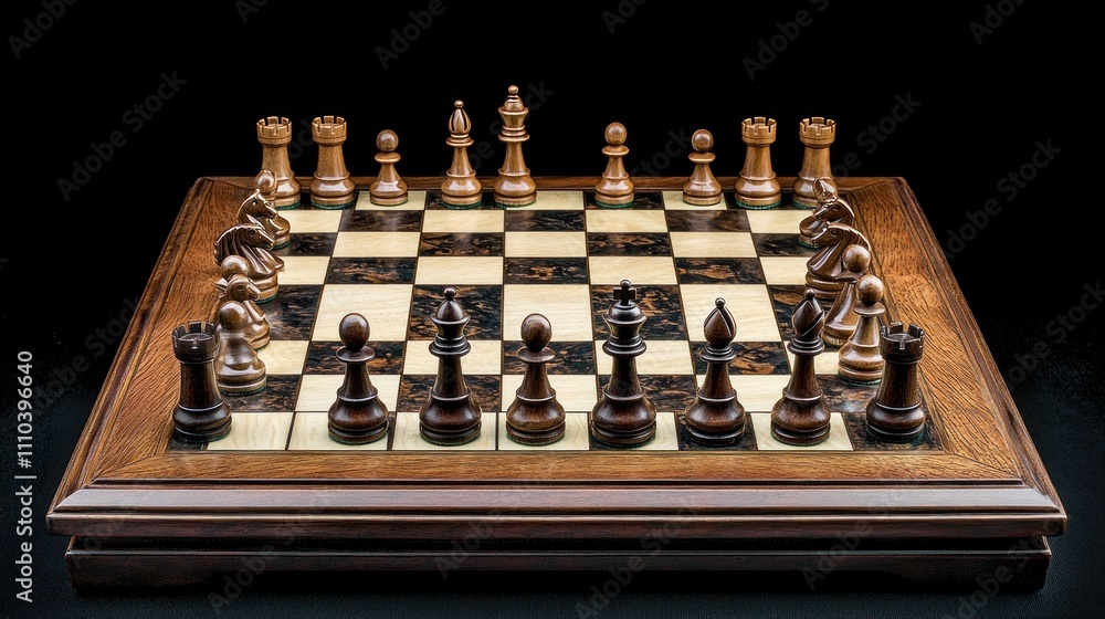 A chessboard set up for the start of a game, with polished chess pieces and a calm, focused atmosphere A chessboard set up for the start of a game, with polished chess pieces and a calm, focused atmosphere