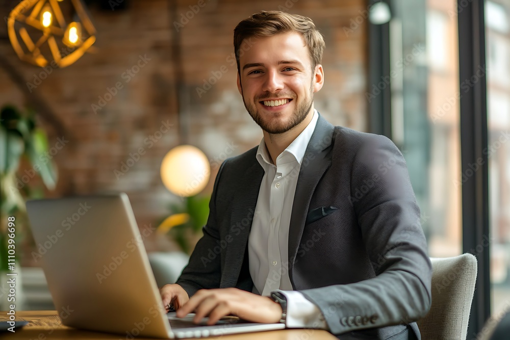 Businessman working on laptop in cafe. Concept of modern business, productivity, and success. Businessman working on laptop in cafe. Concept of modern business, productivity, and success.