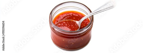 A jar of spicy sriracha sauce with a spoon, isolated white background, hyperrealism art style