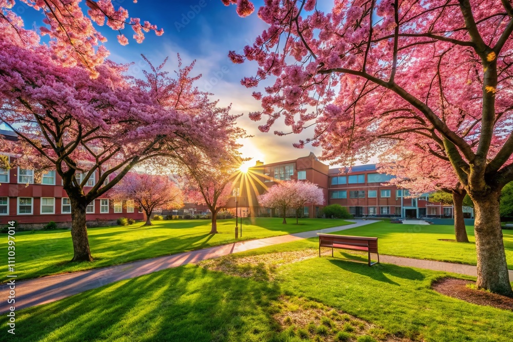 Spring Schoolyard Scene with Cherry Blossoms in Bloom Surrounded by Lush Green Grass and Bright Blue Sky, Perfect for Capturing the Essence of Nature and Childhood Joy Spring Schoolyard Scene with Cherry Blossoms in Bloom Surrounded by Lush Green Grass and Bright Blue Sky, Perfect for Capturing the Essence of Nature and Childhood Joy