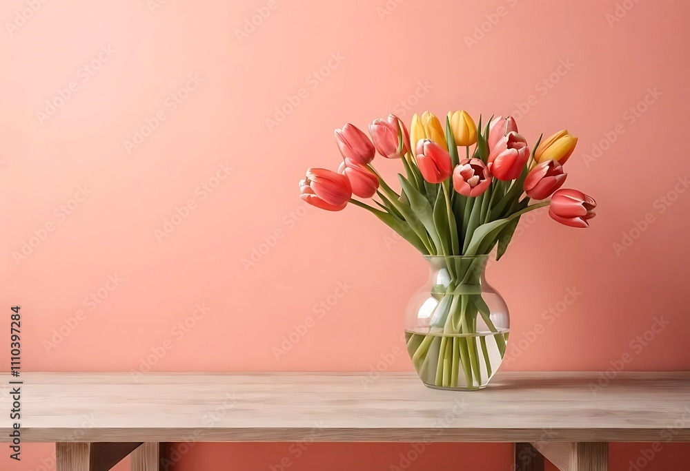 Bright pink tulips in glass jar on white shelf against peach background (selective focus) Bright pink tulips in glass jar on white shelf against peach background (selective focus)