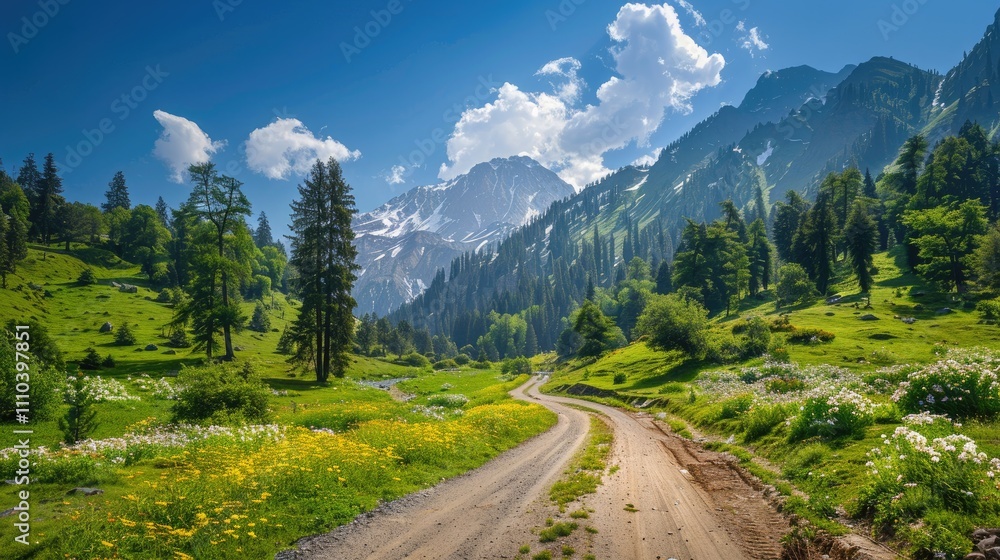 A scenic unpaved road in Fairy Meadows, meandering through verdant greenery with wildflowers and clear blue skies. A scenic unpaved road in Fairy Meadows, meandering through verdant greenery with wildflowers and clear blue skies.