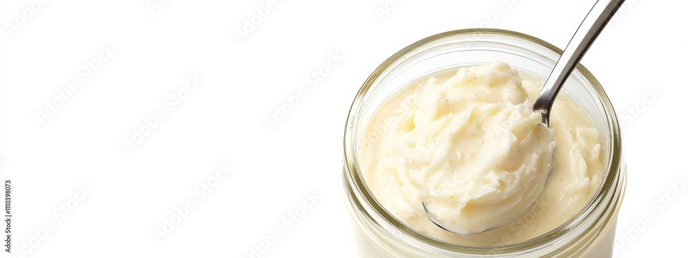 A jar of tangy horseradish sauce with a spoon, isolated white background, hyperrealism art style A jar of tangy horseradish sauce with a spoon, isolated white background, hyperrealism art style