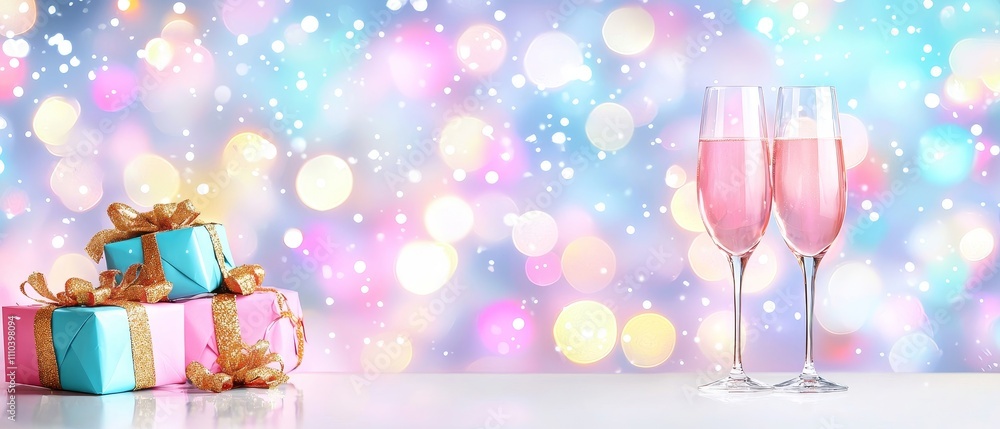 Elegant Celebration with Pink Champagne Glasses and Colorful Gift Boxes for Festive Occasions Elegant Celebration with Pink Champagne Glasses and Colorful Gift Boxes for Festive Occasions