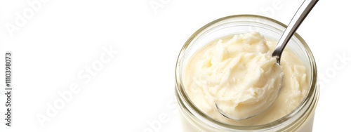 A jar of tangy horseradish sauce with a spoon, isolated white background, hyperrealism art style