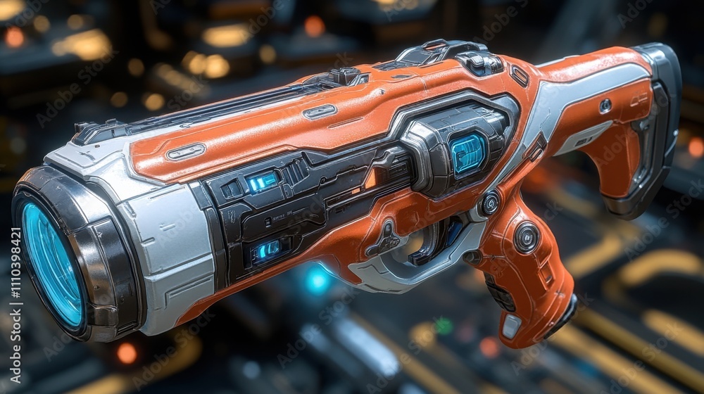 High-tech futuristic weapon with sleek orange and white details and glowing blue energy cores, ideal for sci-fi gaming designs, illustrations, and concept art
High-tech futuristic weapon with sleek orange and white details and glowing blue energy cores, ideal for sci-fi gaming designs, illustrations, and concept art