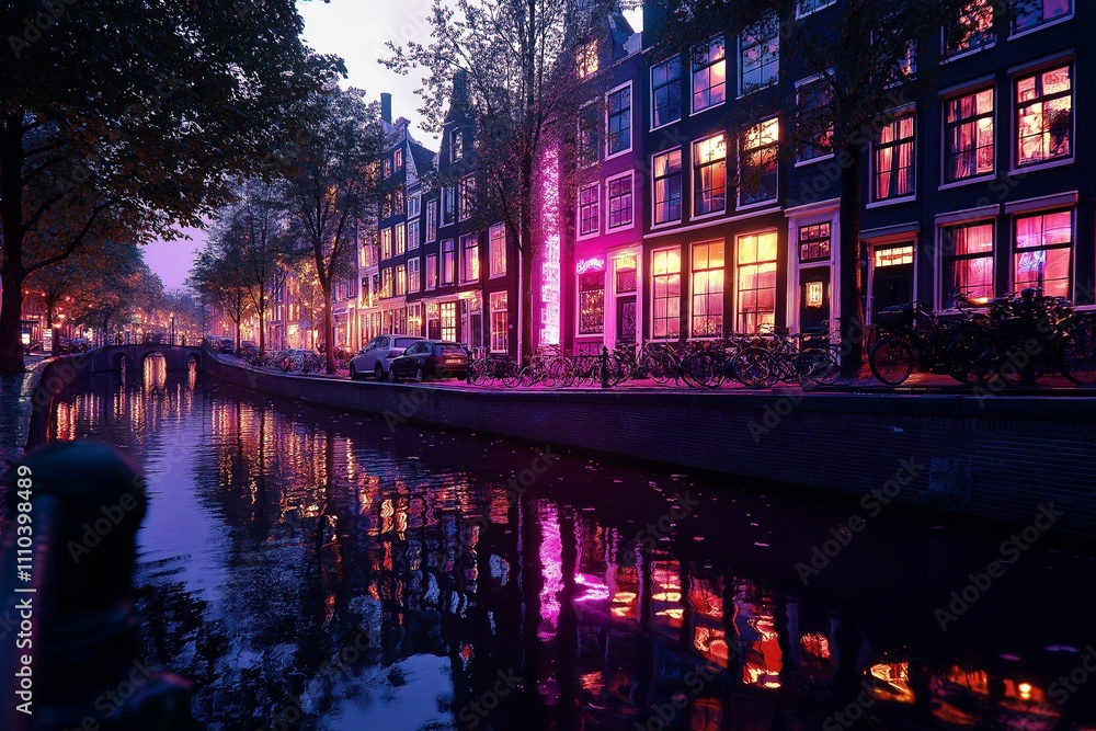 A row of colorful houses along a canal, reflecting in the water at twilight A row of colorful houses along a canal, reflecting in the water at twilight