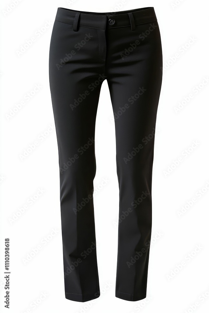 Black trousers, straight-leg, button closure. Black trousers, straight-leg, button closure.