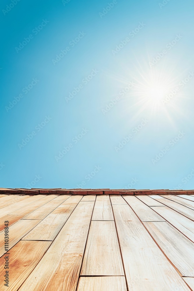 Sunny day, wooden deck, blue sky above. Sunny day, wooden deck, blue sky above.