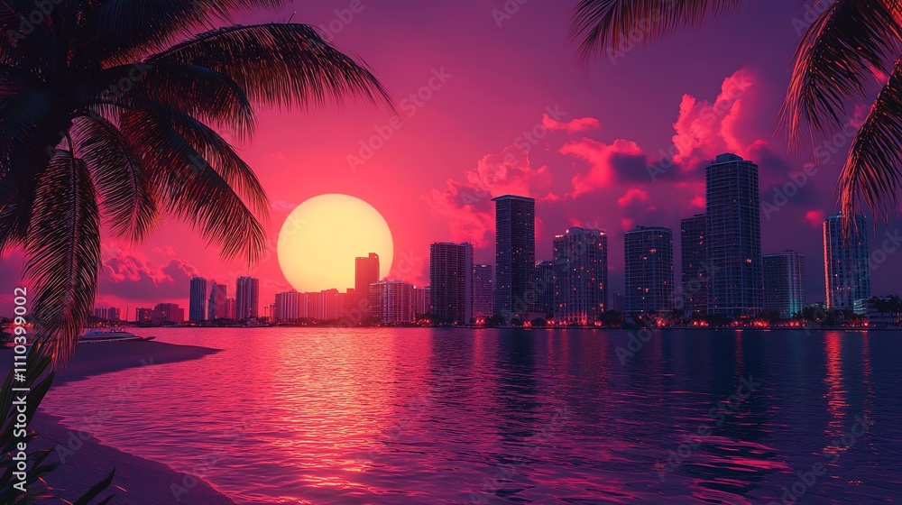 Obraz premium Vibrant sunset over a city skyline with palm trees.