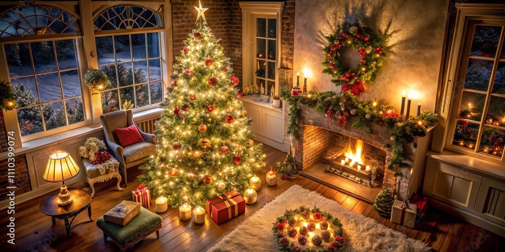 Stunning Aerial Photography of a Beautifully Decorated Christmas Tree Surrounded by Festive Decorations and Holiday Cheer in a Cozy Living Room Setting Stunning Aerial Photography of a Beautifully Decorated Christmas Tree Surrounded by Festive Decorations and Holiday Cheer in a Cozy Living Room Setting
