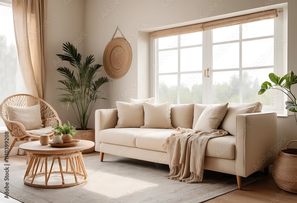 White living room with sofa and summer landscape in window. Scandinavian interior design. 3D illustration White living room with sofa and summer landscape in window. Scandinavian interior design. 3D illustration