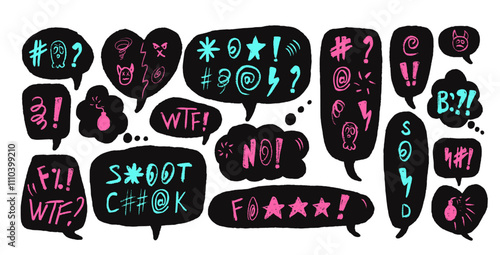 Swear words speech bubbles. Curse crayon doodle text. Bad emotion expression on chat dialog boxes. Aggressive swearwords isolated on white background. Vector freehand drawn illustration