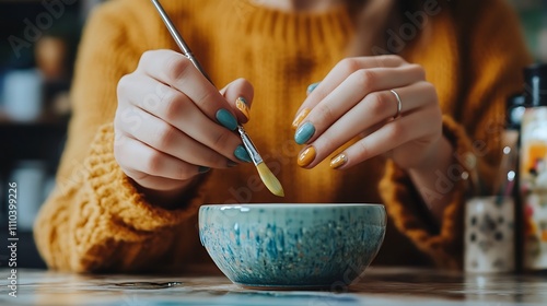 Woman with painted nails mixes paint using a brush
