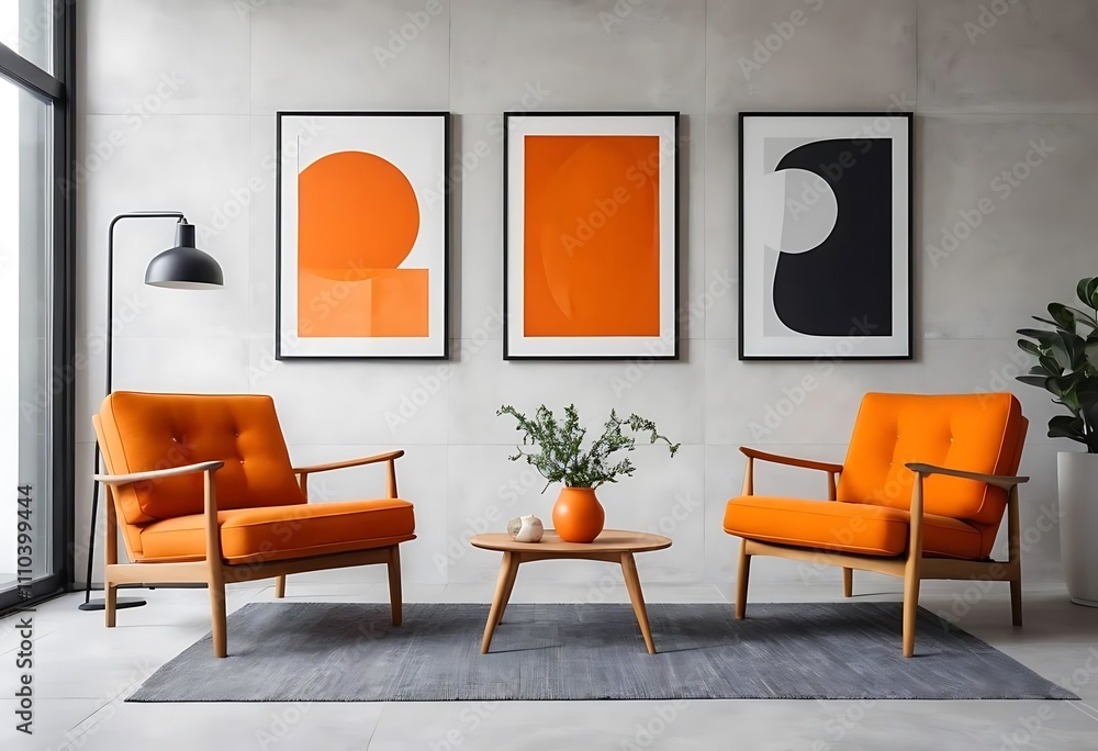 Idea of a white scandinavian living room interior with orange sofa, vases on the wooden floor and decor on the large wall and white landscape in window. Home nordic interior. 3D illustration Idea of a white scandinavian living room interior with orange sofa, vases on the wooden floor and decor on the large wall and white landscape in window. Home nordic interior. 3D illustration