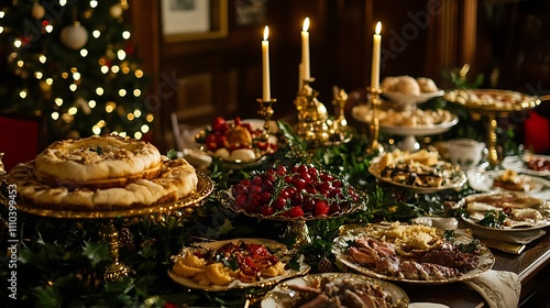 A grand Christmas banquet with a table filled with festive foods, decorated with holly, candles, and garlands