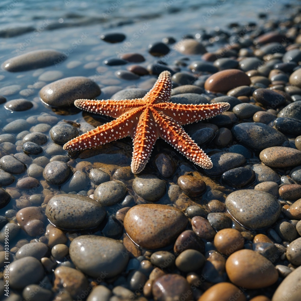 A close-up of a starfish resting on smooth pebbles in shallow water.
A close-up of a starfish resting on smooth pebbles in shallow water.
