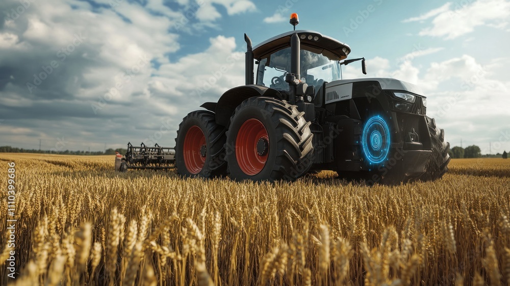 High-tech tractor with GPS navigation system in a wheat field, automated precision High-tech tractor with GPS navigation system in a wheat field, automated precision