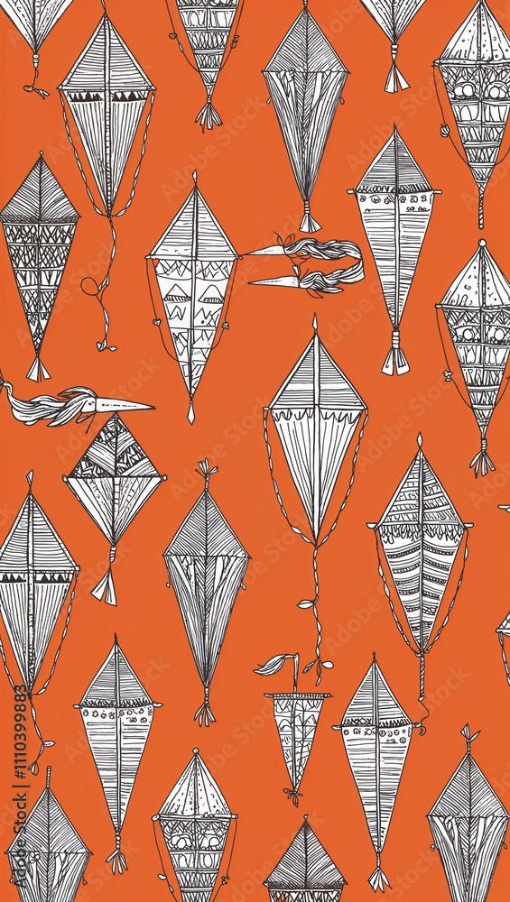 Fototapeta premium Silver Kite pattern hand drawn design on Orange background illustration
