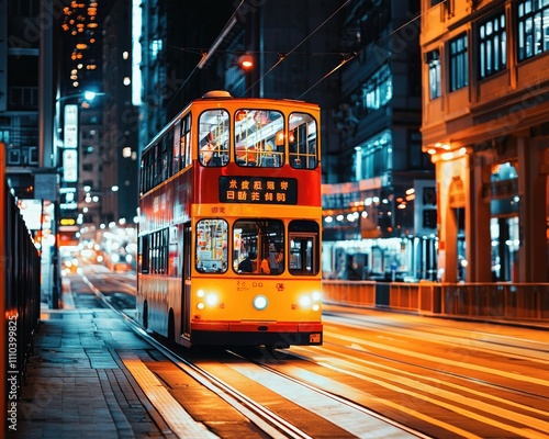 Wallpaper Mural A vibrant double-decker tram travels through a bustling urban street illuminated by city lights at night. Torontodigital.ca