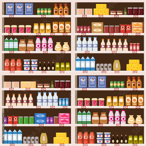 Seamless pattern supermarket shelves with assortment goods