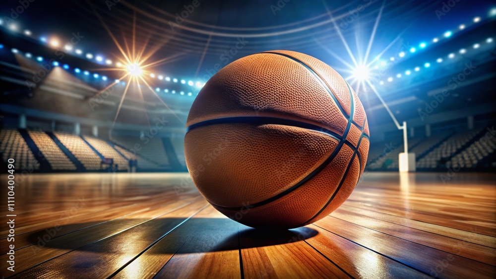 Stunning Basketball on Shiny Gym Floor Under Dramatic Lighting, Highlighting Iconic Form and Texture, Perfect for Sports-Themed Projects and Marketing Materials Stunning Basketball on Shiny Gym Floor Under Dramatic Lighting, Highlighting Iconic Form and Texture, Perfect for Sports-Themed Projects and Marketing Materials