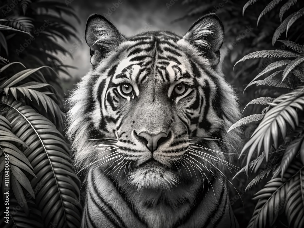 Stunning Black and White Portrait of a Majestic Tiger in the Lush Jungle, Capturing the Wild Essence of Nature Through Candid Photography Art Print Stunning Black and White Portrait of a Majestic Tiger in the Lush Jungle, Capturing the Wild Essence of Nature Through Candid Photography Art Print