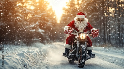 Santa Claus rides a motorcycle through a snowy forest, delivering gifts at sunset.