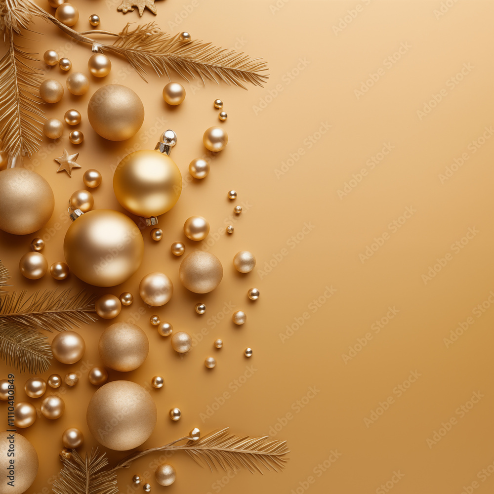 Obraz premium Flat-lay layout Christmas decorations with ornament and baubles. Festive winter background. Space for text.