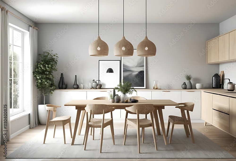 Modern concept interior of dining room with two empty white picture frame. 3D Rendering, 3D Illustration Modern concept interior of dining room with two empty white picture frame. 3D Rendering, 3D Illustration