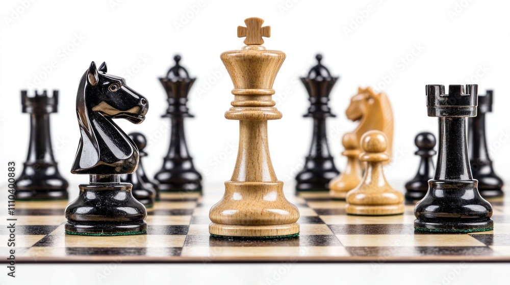 A close-up of a chessboard with pieces in the middle of an intense game, with focus on a king and queen A close-up of a chessboard with pieces in the middle of an intense game, with focus on a king and queen