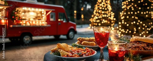 A festive food scene featuring a food truck, beautifully decorated trees, and a table set with delicious holiday dishes and drinks.