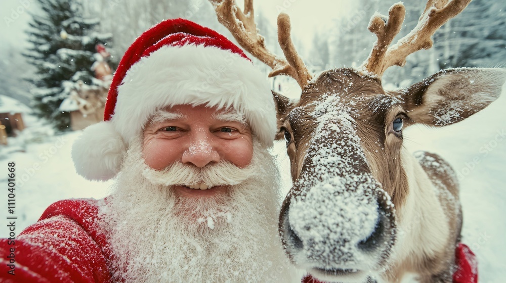Santa Claus selfie with a reindeer in snowy winter landscape. Santa Claus selfie with a reindeer in snowy winter landscape.