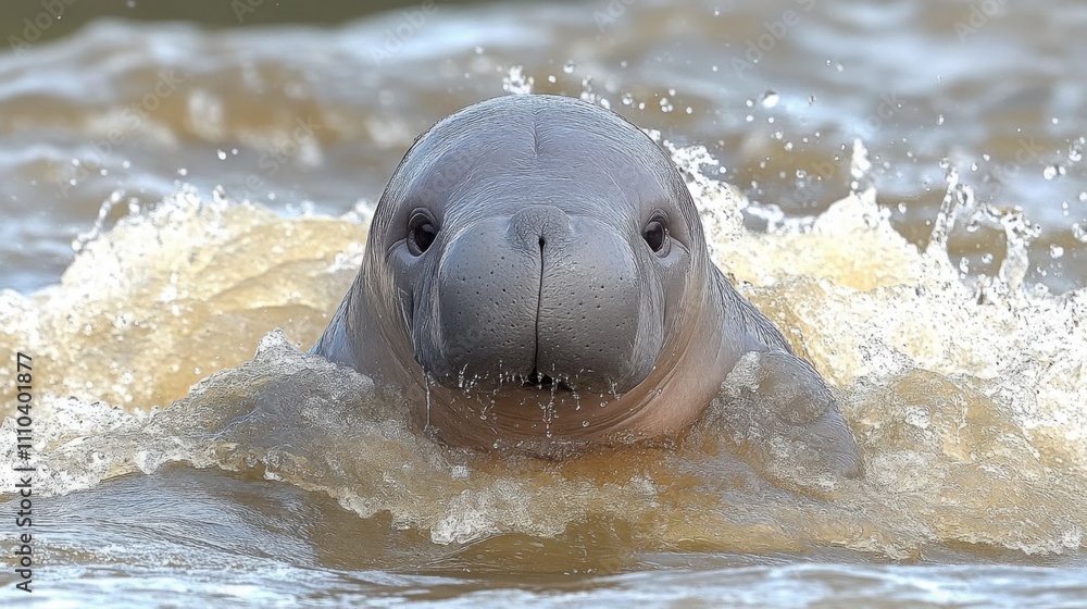 Fototapeta premium Amazonian manatee swimming in calm river surrounded by its natural habitat, suitable for wildlife conservation campaigns, nature-themed posters, and educational materials