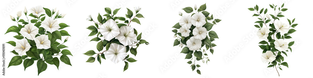 Lush luminous white moonflower bush in a botanical style showcasing the delicate fragrant blooms and verdant foliage in a serene natural setting Lush luminous white moonflower bush in a botanical style showcasing the delicate fragrant blooms and verdant foliage in a serene natural setting