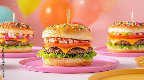 Colorful, festive hamburgers with layers of cheese, lettuce, and toppings, displayed on pink plates with party balloons in the background.