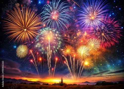 Stunning Double Exposure Photography of Colorful Fireworks Against a Black Night Sky for Celebrations and Holiday Events