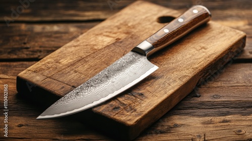 High-quality Japanese chef knife with Damascus steel blade and wooden handle, resting on a wooden board 