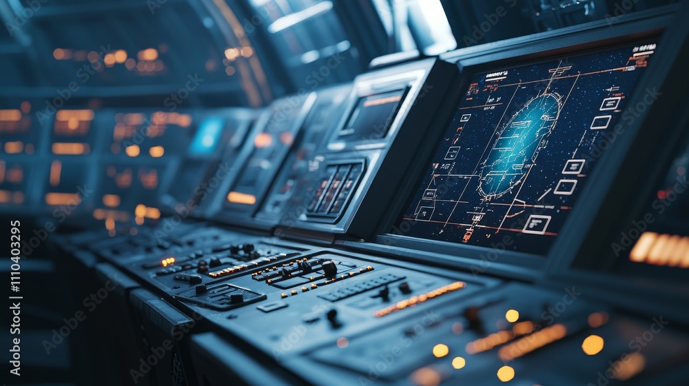 A futuristic control panel filled with screens and buttons, suggesting a high-tech environment. A futuristic control panel filled with screens and buttons, suggesting a high-tech environment.