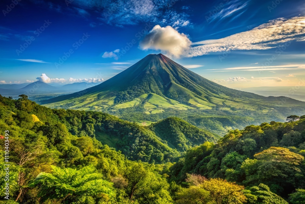 Fototapeta premium Stunning High Depth of Field Landscape of Cerro Verde in El Salvador Showcasing Lush Greenery, Majestic Volcano, and Clear Blue Sky in a Serene Natural Setting