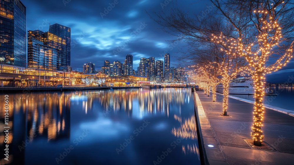 Fototapeta premium Cityscapes and reflections on the water at dusk during the Christmas and New Year festivals.