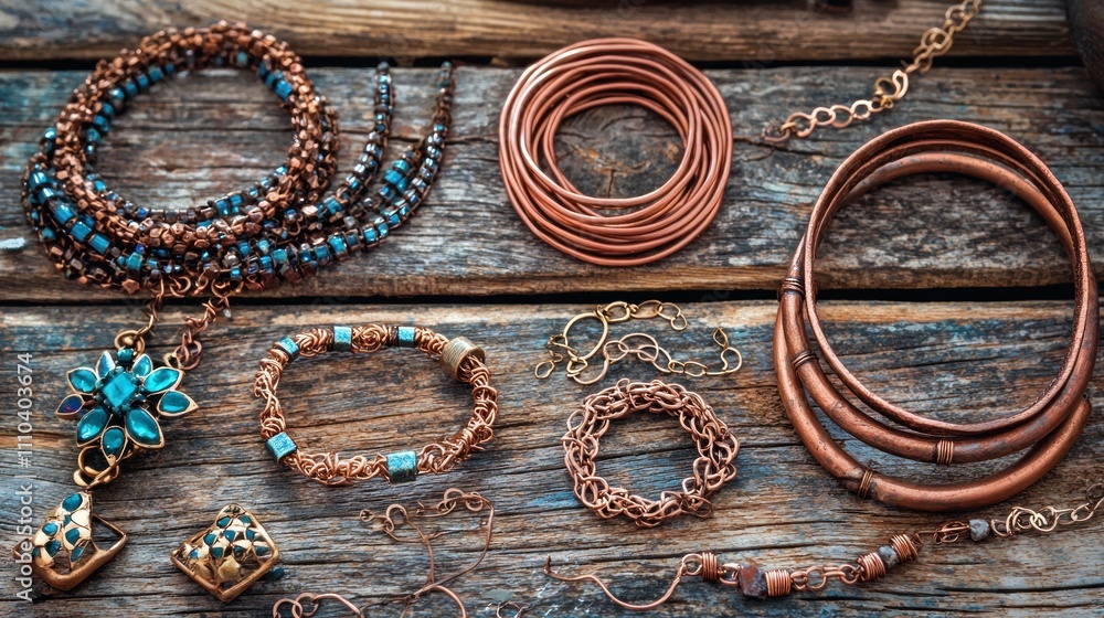 A collection of copper jewelry--bracelets, rings, and necklaces--arranged on a wooden surface A collection of copper jewelry--bracelets, rings, and necklaces--arranged on a wooden surface