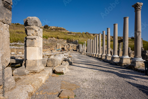 Rows of columns in Perge, Antalya, Turkey. Remains of colonnaded street in Pamphylian ancient city.Rows of columns in Perge, Antalya, Turkey. Ancient Kestros Fountain. Aksu, Antalya photo