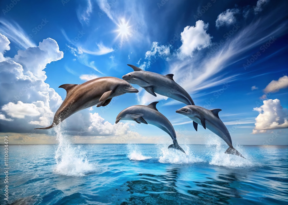 Stunning Minimalist Photography of Graceful Dolphins Dancing Under Bright Azure Skies in a High-Detail 8K Wildlife Scene, Capturing the Elegance and Freedom of Marine Life Stunning Minimalist Photography of Graceful Dolphins Dancing Under Bright Azure Skies in a High-Detail 8K Wildlife Scene, Capturing the Elegance and Freedom of Marine Life
