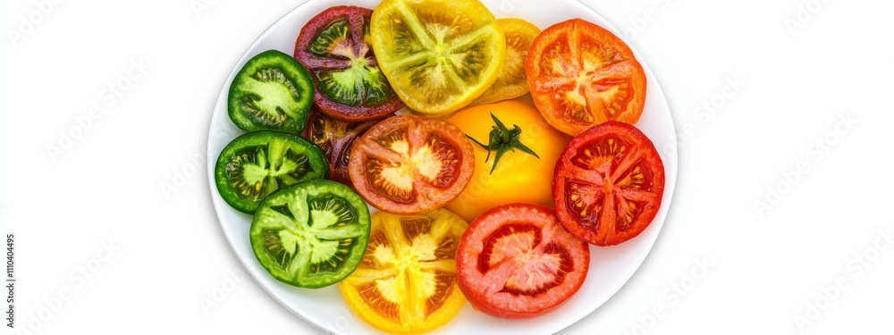 A plate of colorful heirloom tomatoes sliced, isolated white background, impressionism art style A plate of colorful heirloom tomatoes sliced, isolated white background, impressionism art style